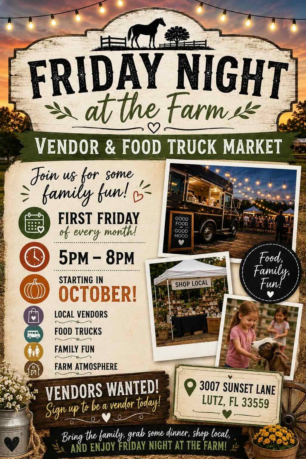 Friday Night at the Farm- A New Monthly Vendor & Food Truck Market in Lutz, FL